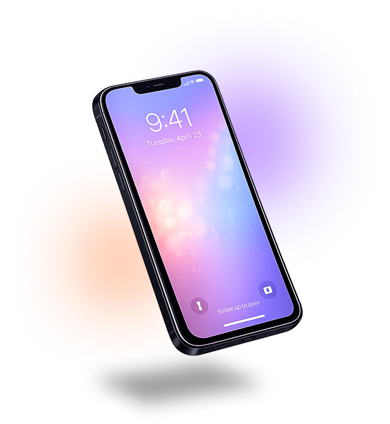 紫とオレンジ色のぼやけた背景に、スマートフォンが浮かんでいる様子